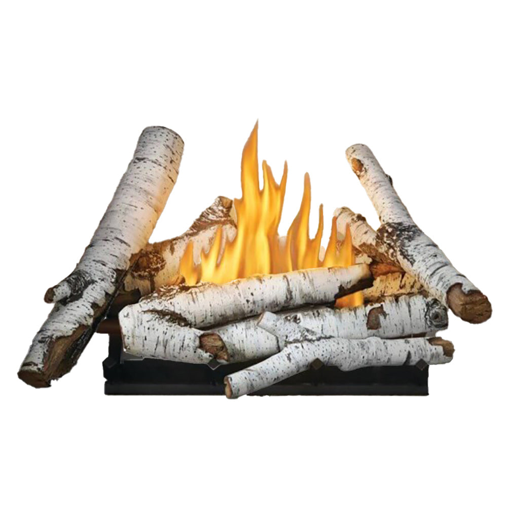 White speckled log set for outdoor gas fireplace with visible flames and four logs