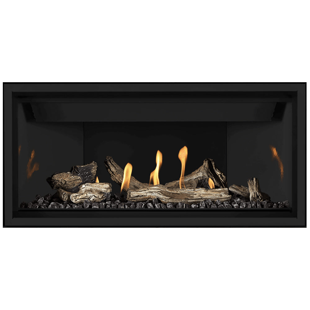 42-inch direct vent gas fireplace with dark log set and yellow flames