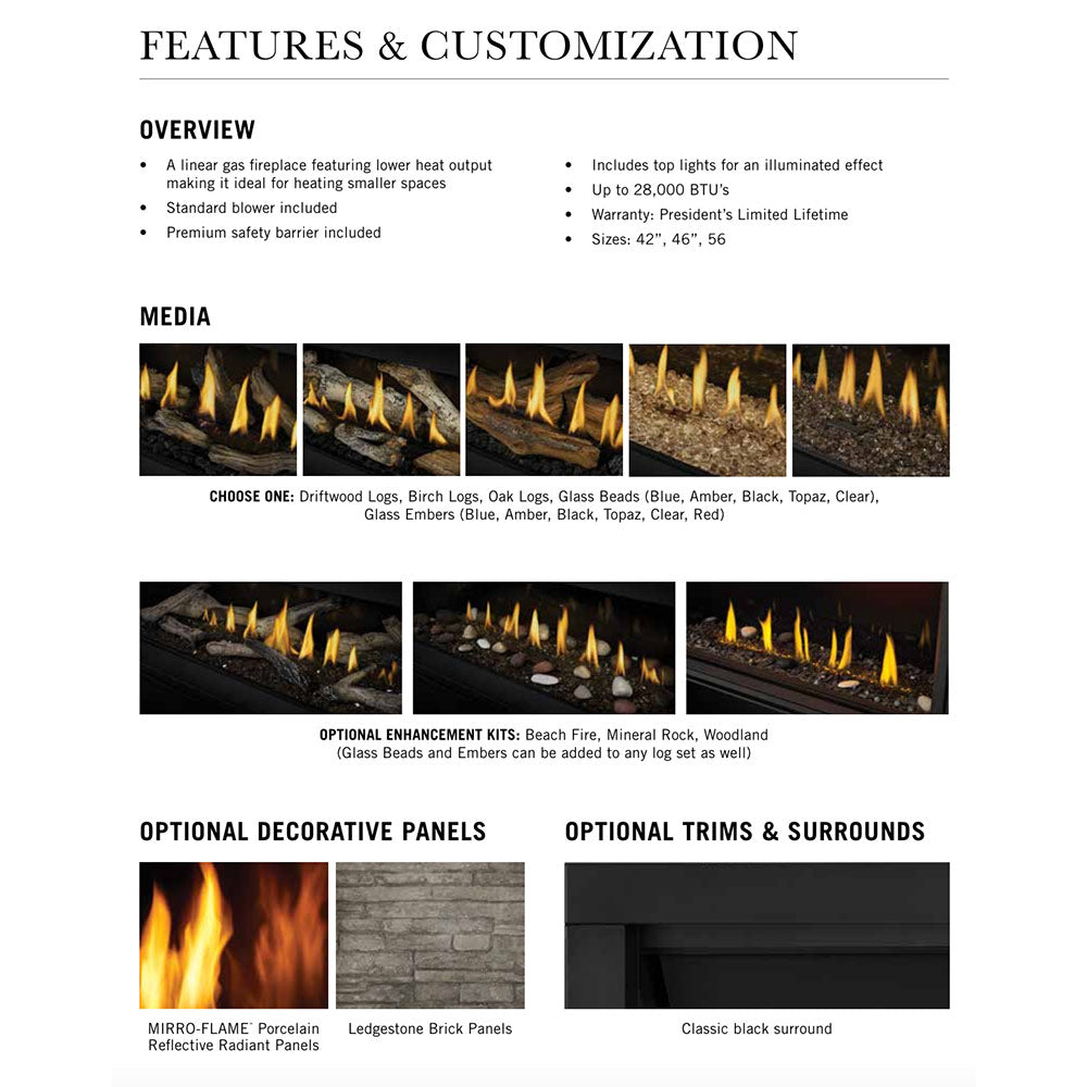 Features sheet for linear gas fireplace, showing media options and decorative panels