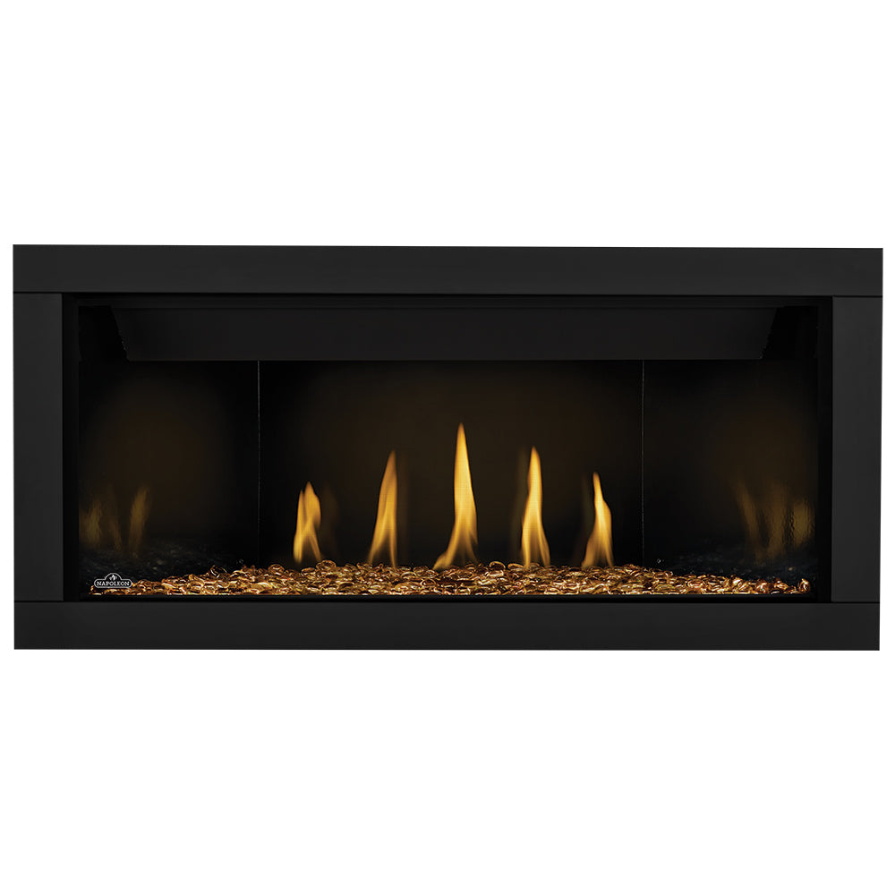 Direct vent gas fireplace with log set and yellow flames