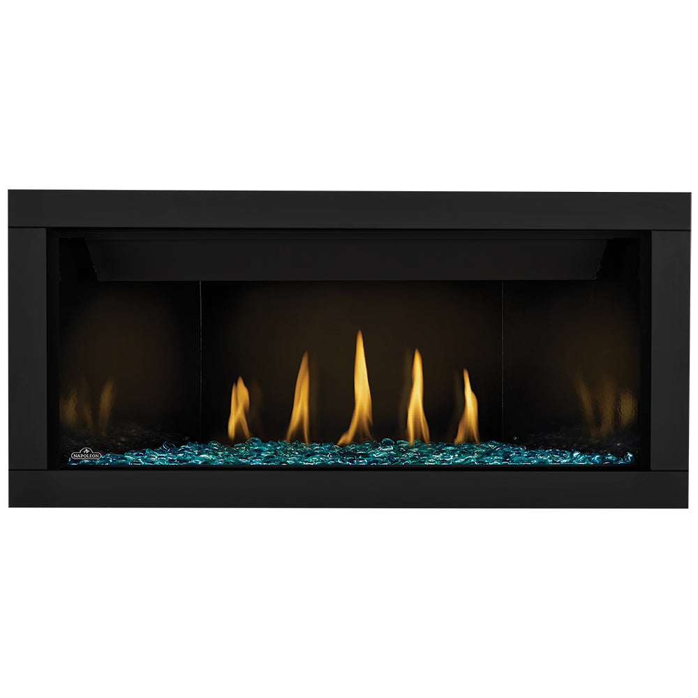 Direct vent gas fireplace with blue glass beads and yellow flames
