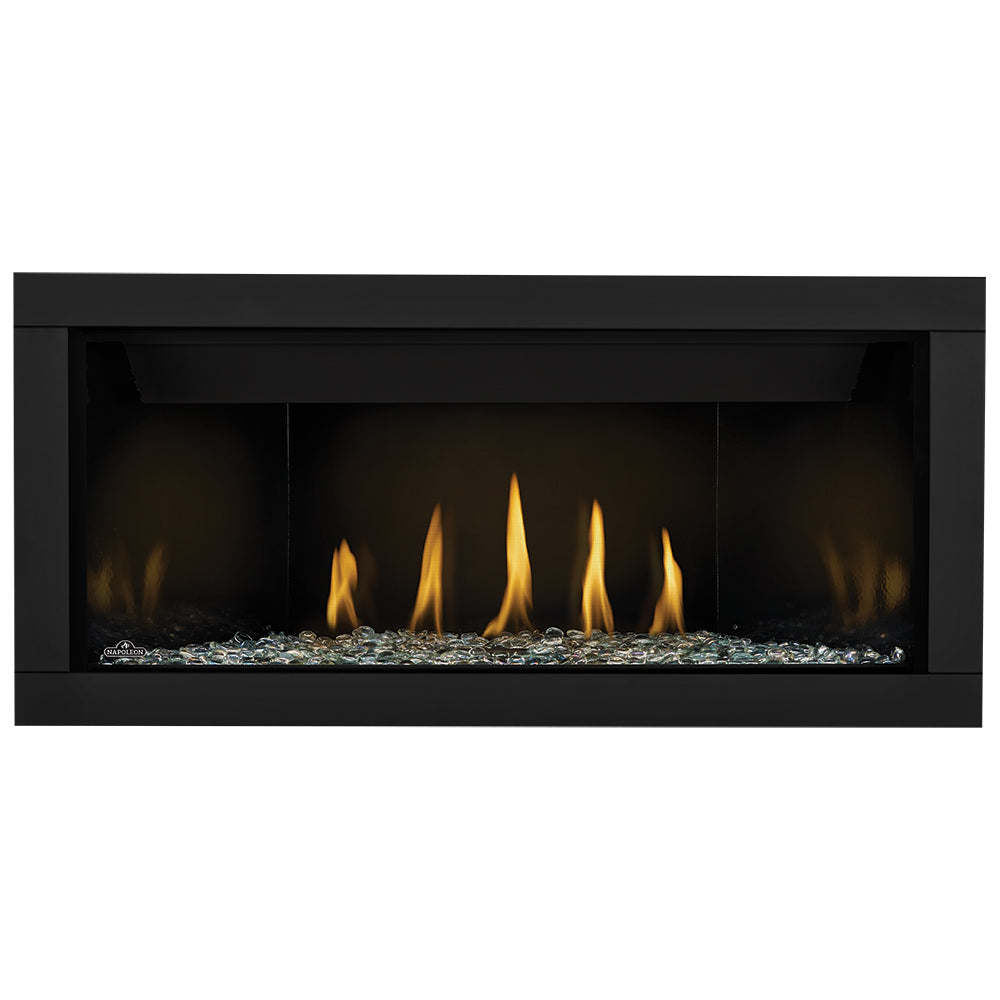 Direct vent gas fireplace with clear glass beads and yellow flames