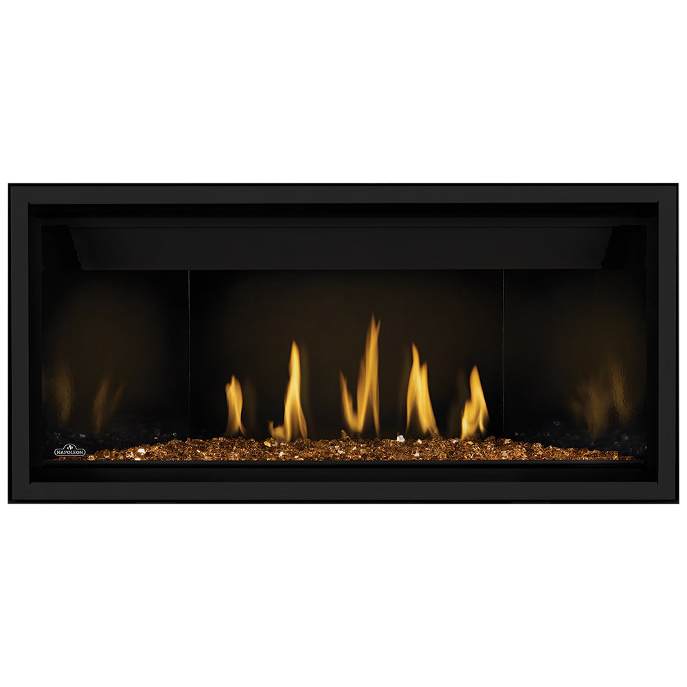 Direct vent gas fireplace with glowing ember bed and tall yellow flames