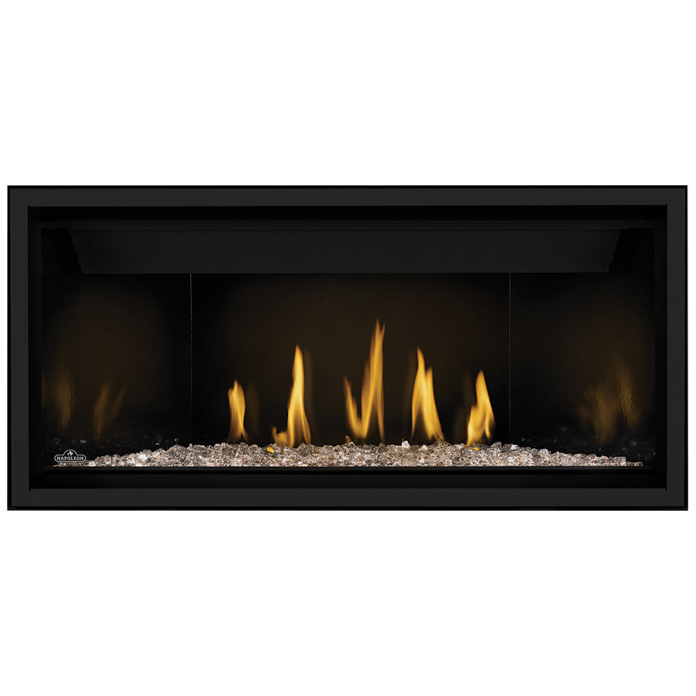 Direct vent gas fireplace with clear glass embers and yellow flames