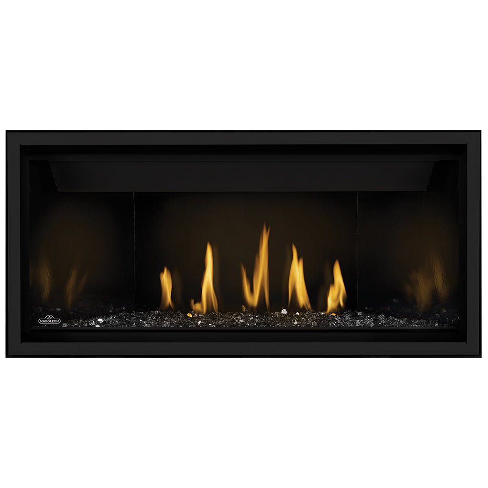 Direct vent gas fireplace with glowing ember bed and steady yellow flames