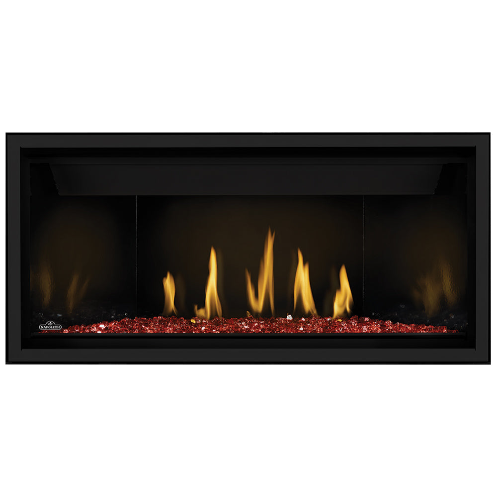 Direct vent gas fireplace with red glass embers and yellow flames