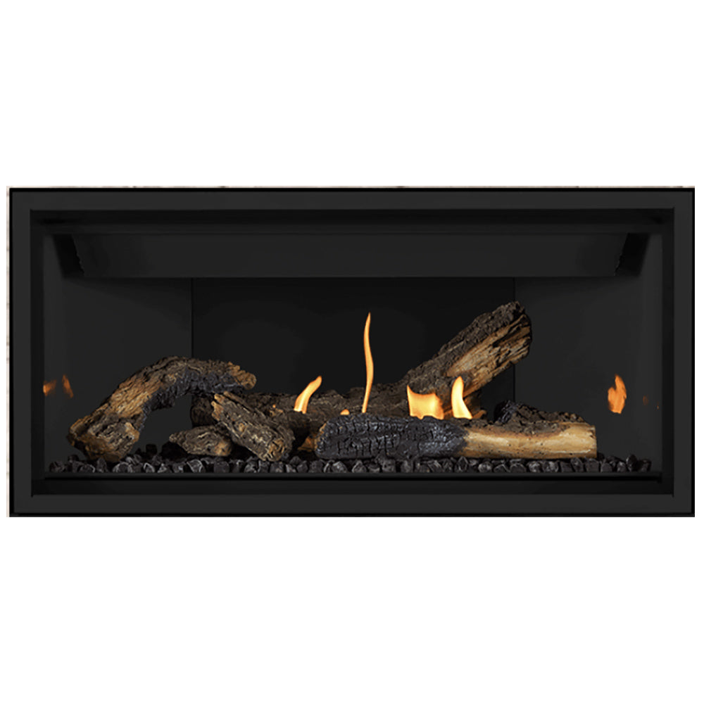 Direct vent gas fireplace with large dark logs, yellow flames, and ember bed