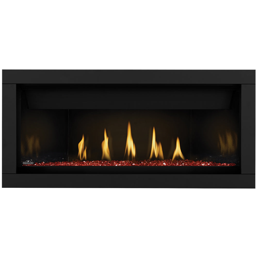 Direct vent gas fireplace with red glass embers and black surround; flames visible