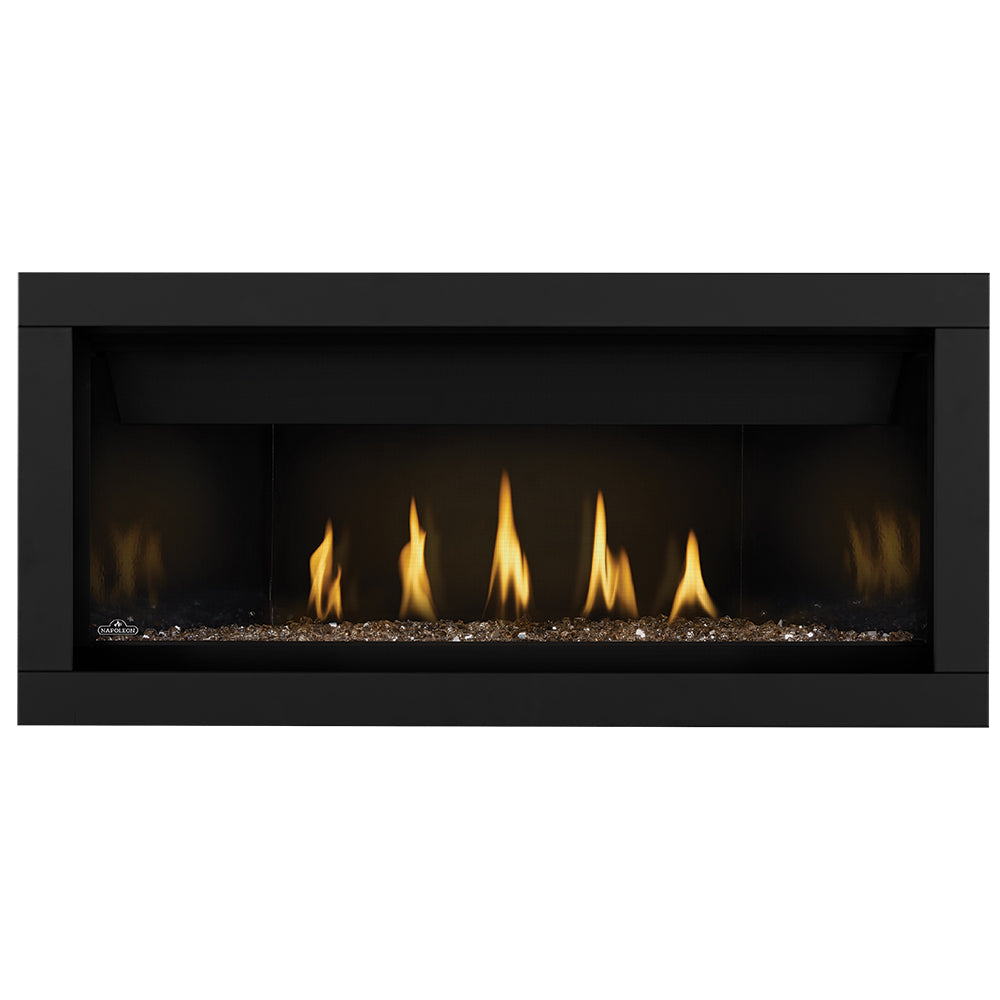 Direct vent gas fireplace with glowing glass embers and black surround; flames visible
