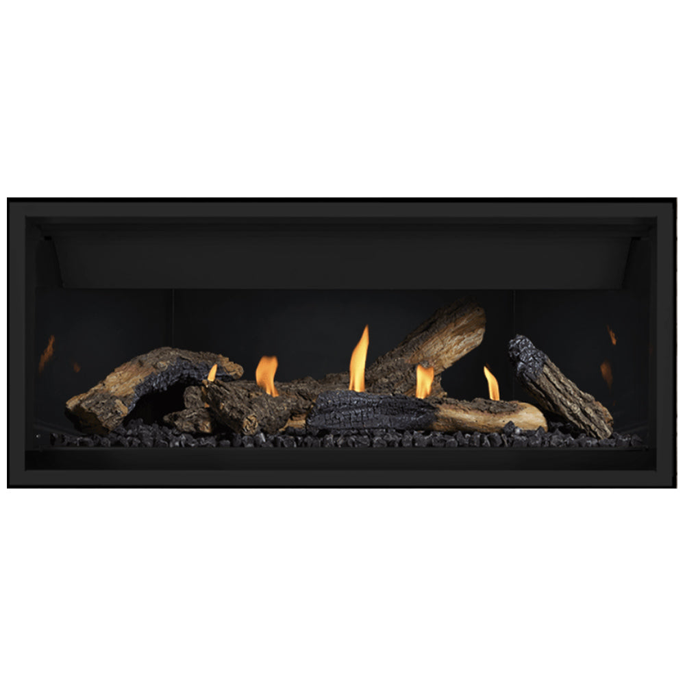 Linear gas fireplace with burning log set, glowing embers, and orange flames in black trim