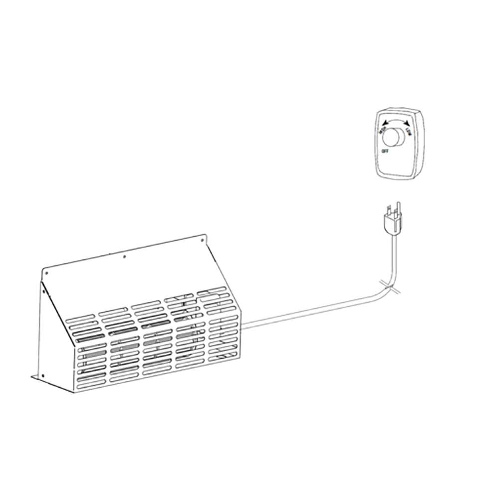 Wood stove blower unit with vented metal housing and speed control dial on cord