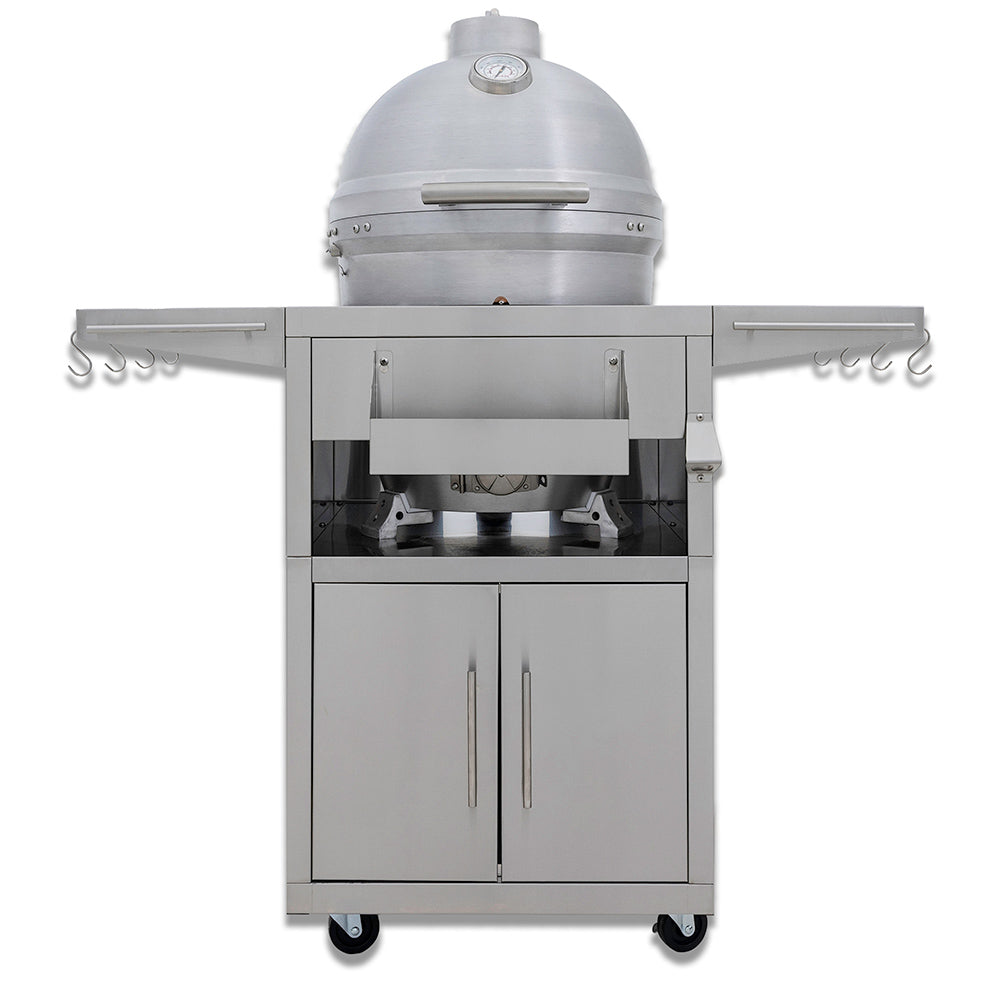 Aluminum kamado grill on wheeled cart with closed lid and side handles