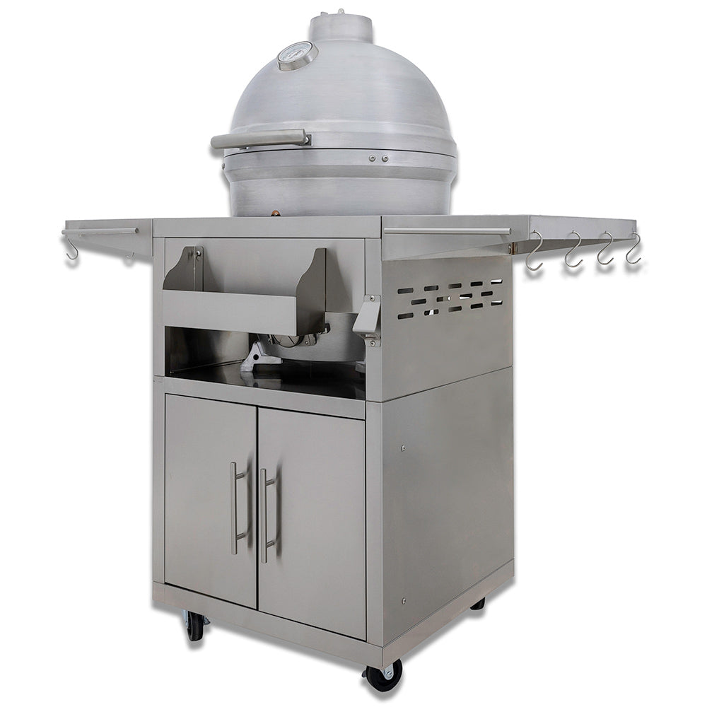Kamado grill on wheeled cart with open side shelves and cabinet doors