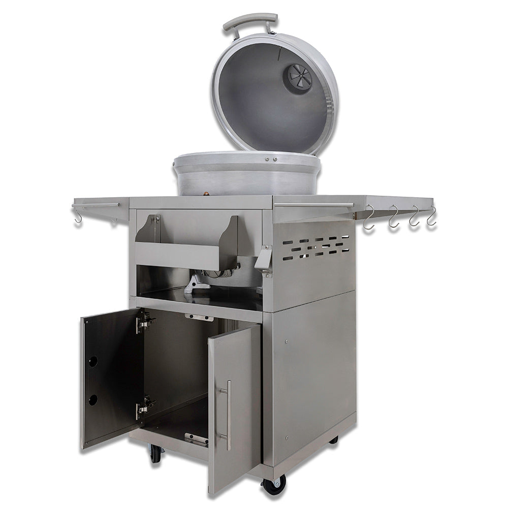 Kamado grill cart with lid open showing grates and open side access panels