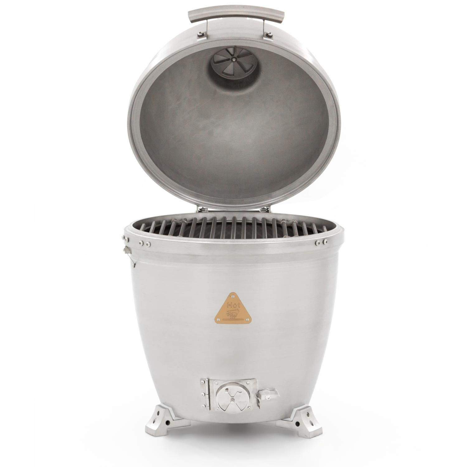 Cast aluminum kamado grill open with cooking grate and top vent knob