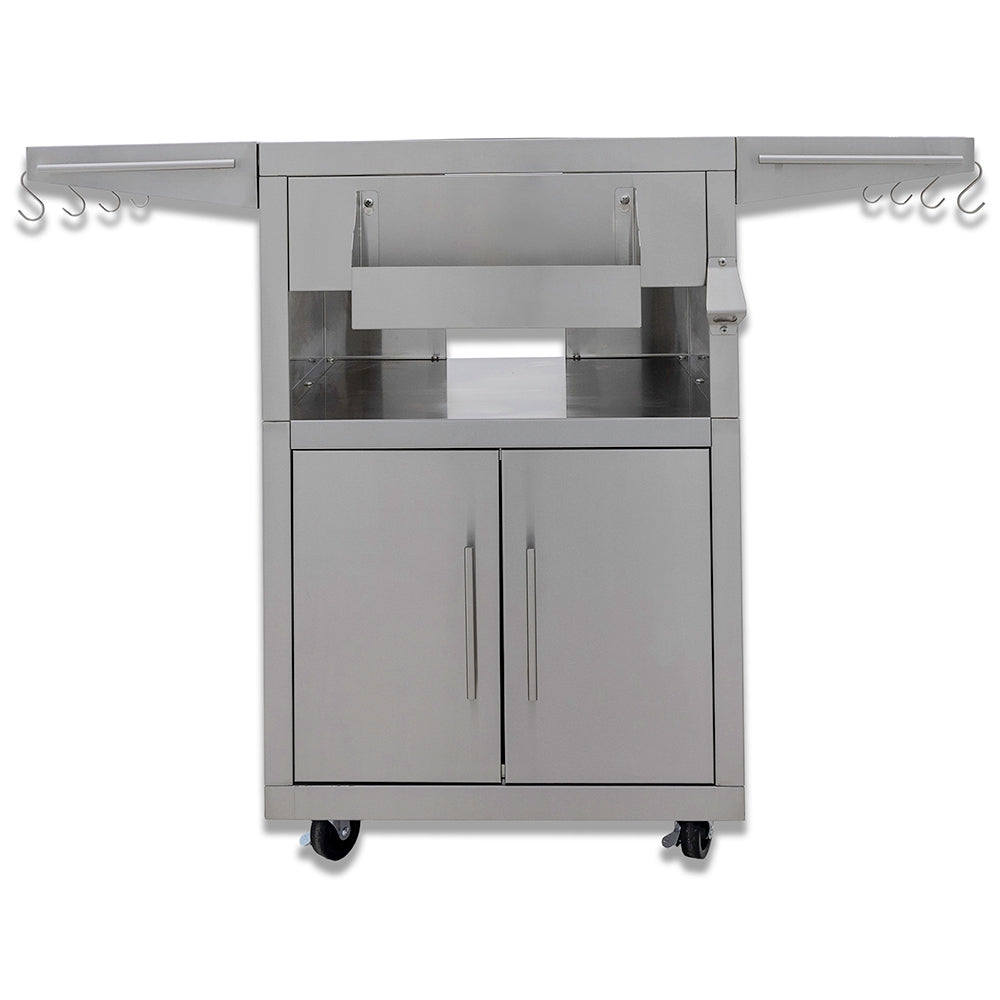 Stainless steel grill cart with two cabinet doors and lower storage, on caster wheels.