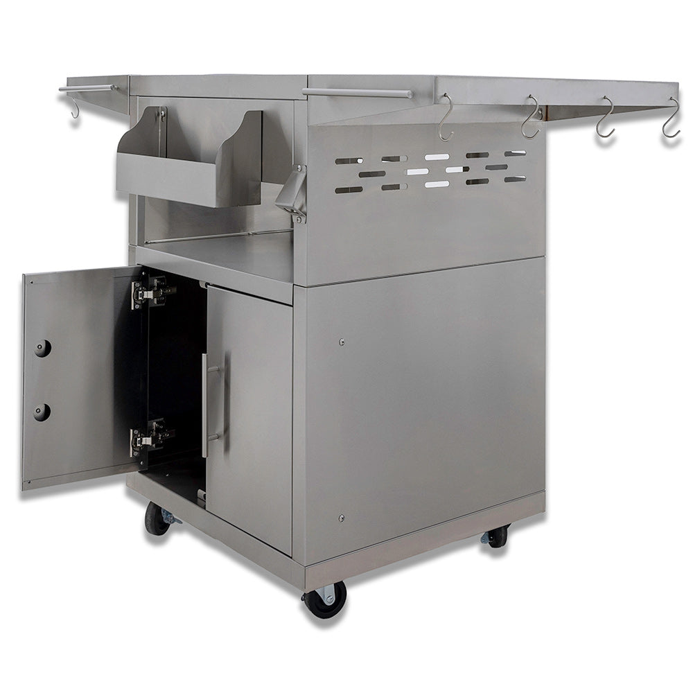 Stainless steel grill cart with open side cabinet, wire hooks, and caster wheels.