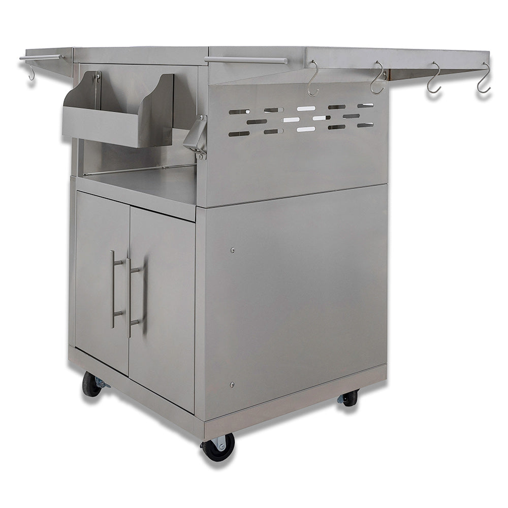 Stainless steel grill cart with side shelf, two doors, peg panel, and caster wheels.