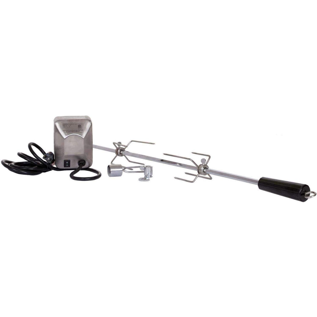 Stainless steel rotisserie kit with black-handled skewer rod and control unit