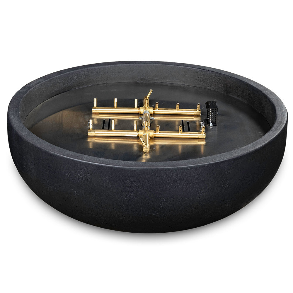 Dark charcoal gas fire bowl with brass burner assembly and ignition control box