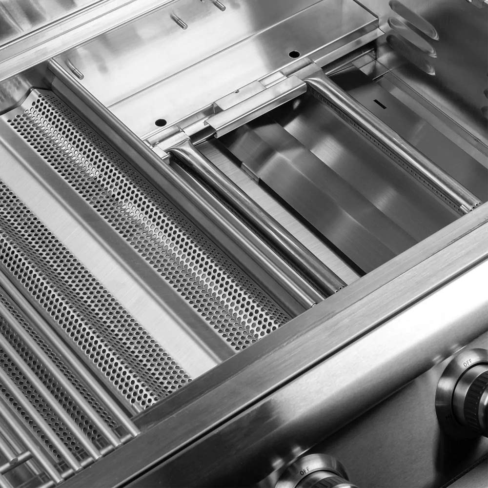 Stainless steel gas grill burner tubes and heat shield inside the firebox