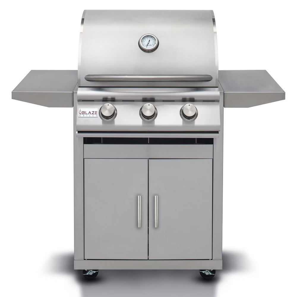 3-burner stainless gas grill with lid, three knobs, and two cabinet doors