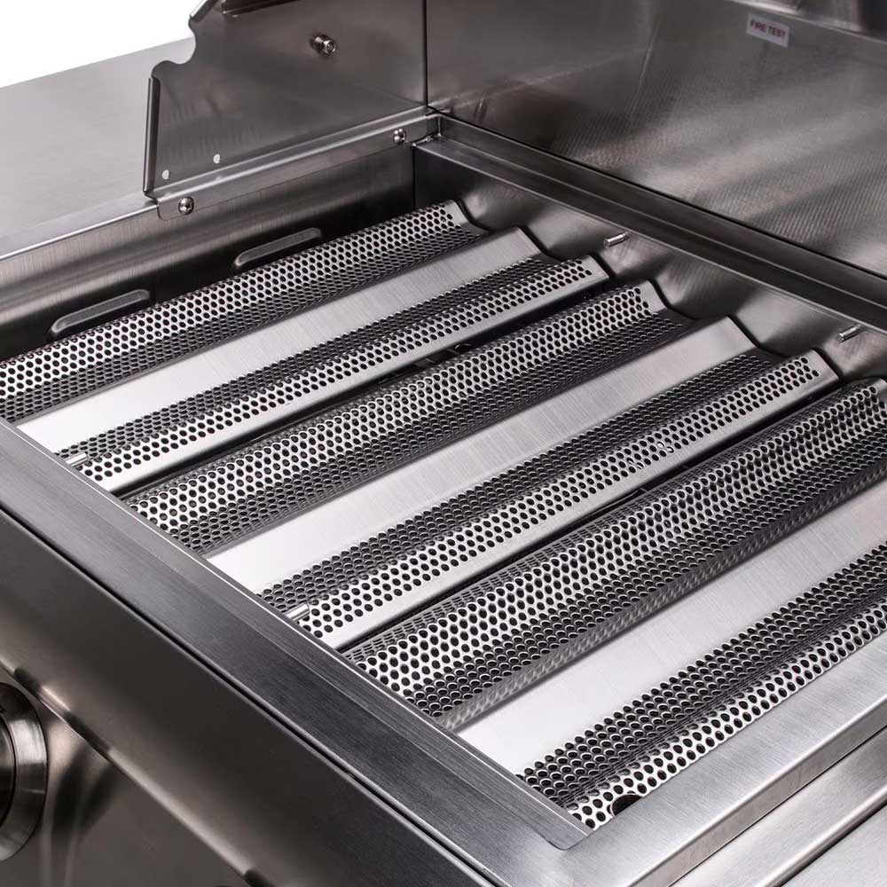 Stainless heat deflectors with perforated pattern inside the grill