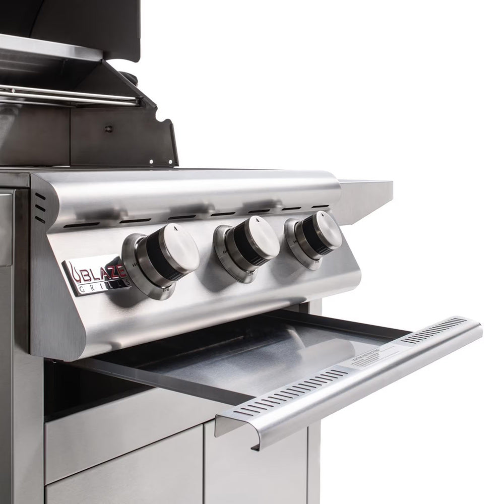 Freestanding gas grill with lid open, three control knobs, and side shelf