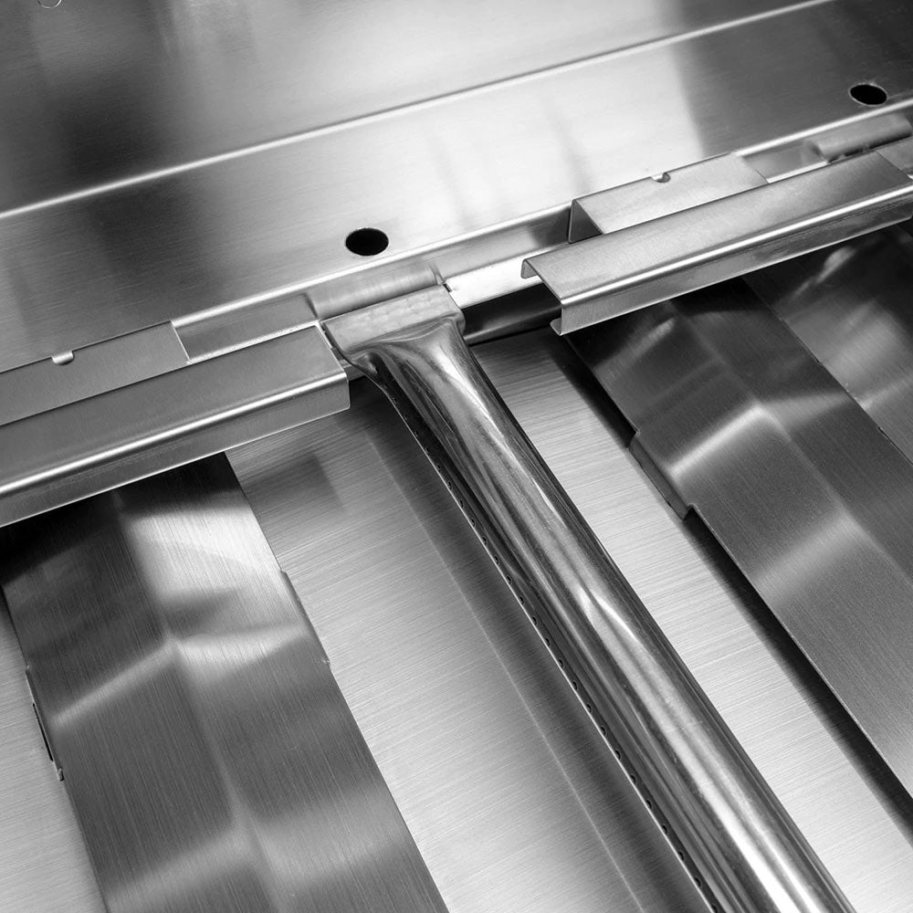 Stainless steel gas grill burner manifold and flame channel components
