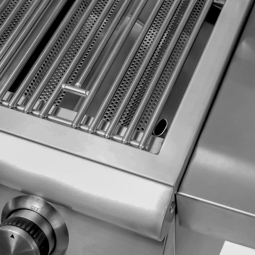 Stainless steel gas grill side panel with control knob and vented burner area