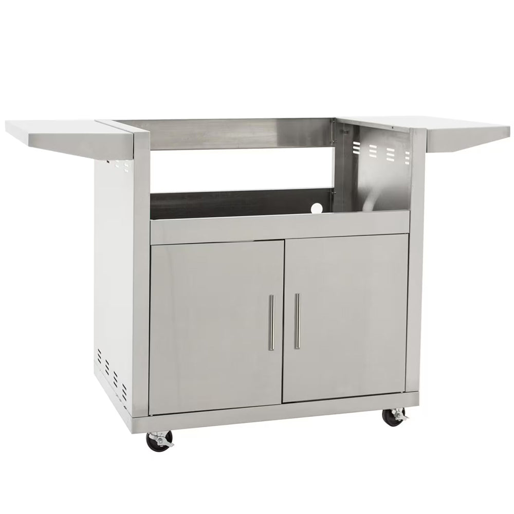 Stainless 3-burner gas grill cart with two cabinet doors and side shelves