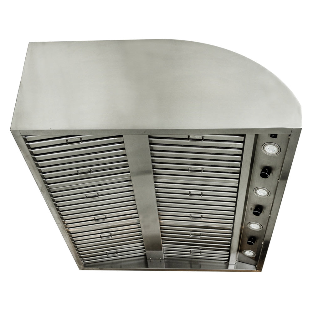 Stainless steel outdoor vent hood with slatted fan grille and side control buttons
