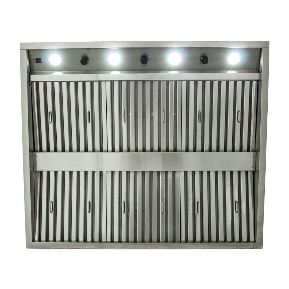 Outdoor vent hood front with vertical louvers and row of indicator LEDs, stainless steel