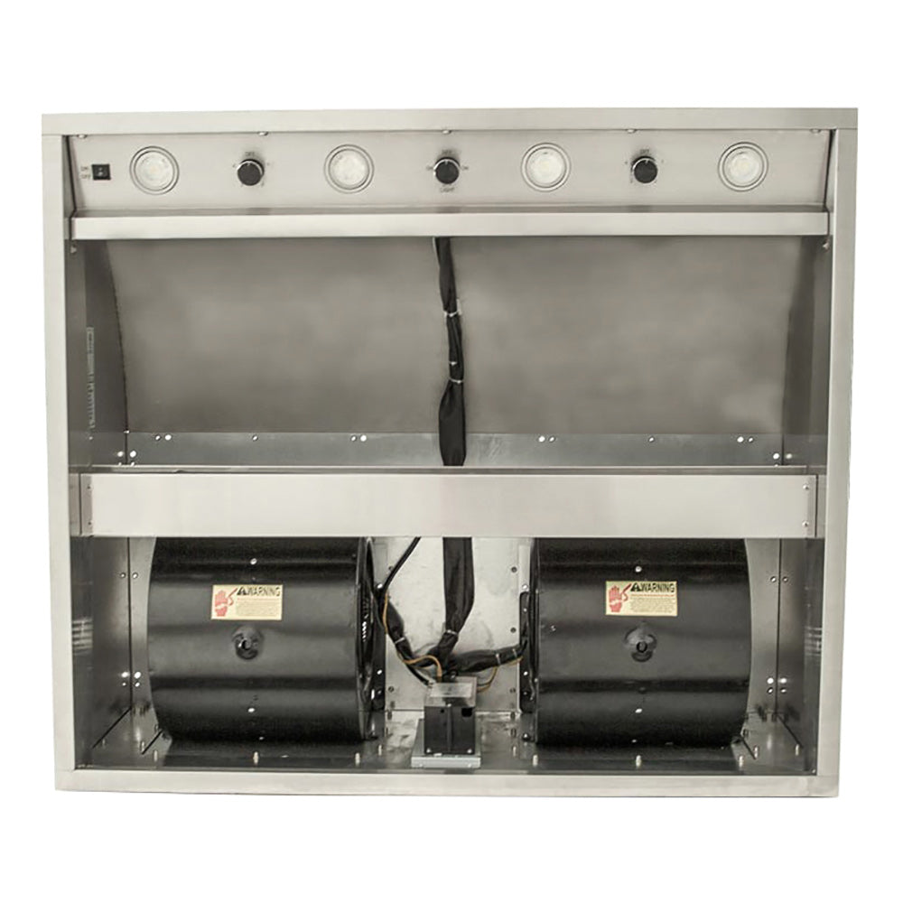 Outdoor vent hood interior with mounting brackets, wiring, and two motor compartments