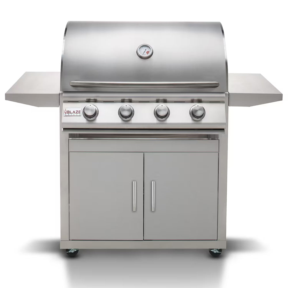 Freestanding 4-burner gas grill with stainless steel cabinet and four burner knobs