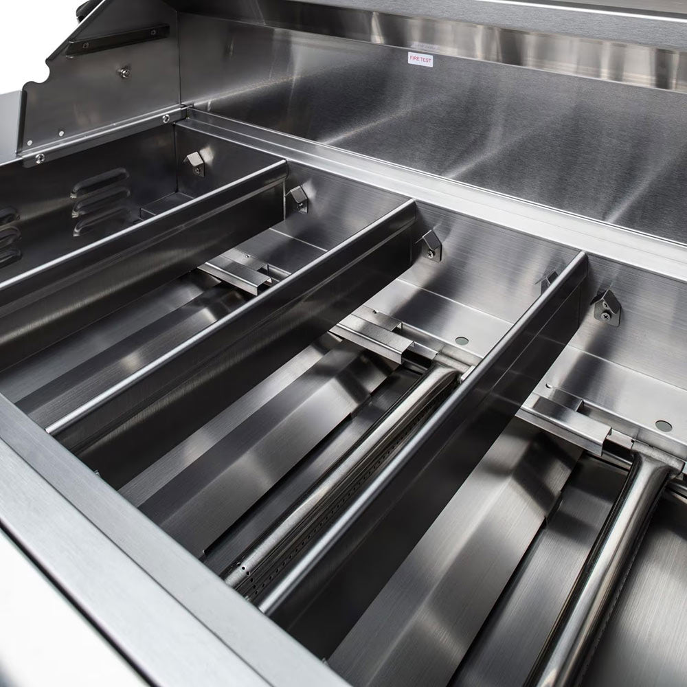 Open freestanding 4-burner gas grill showing metal cooking grates and heat shields
