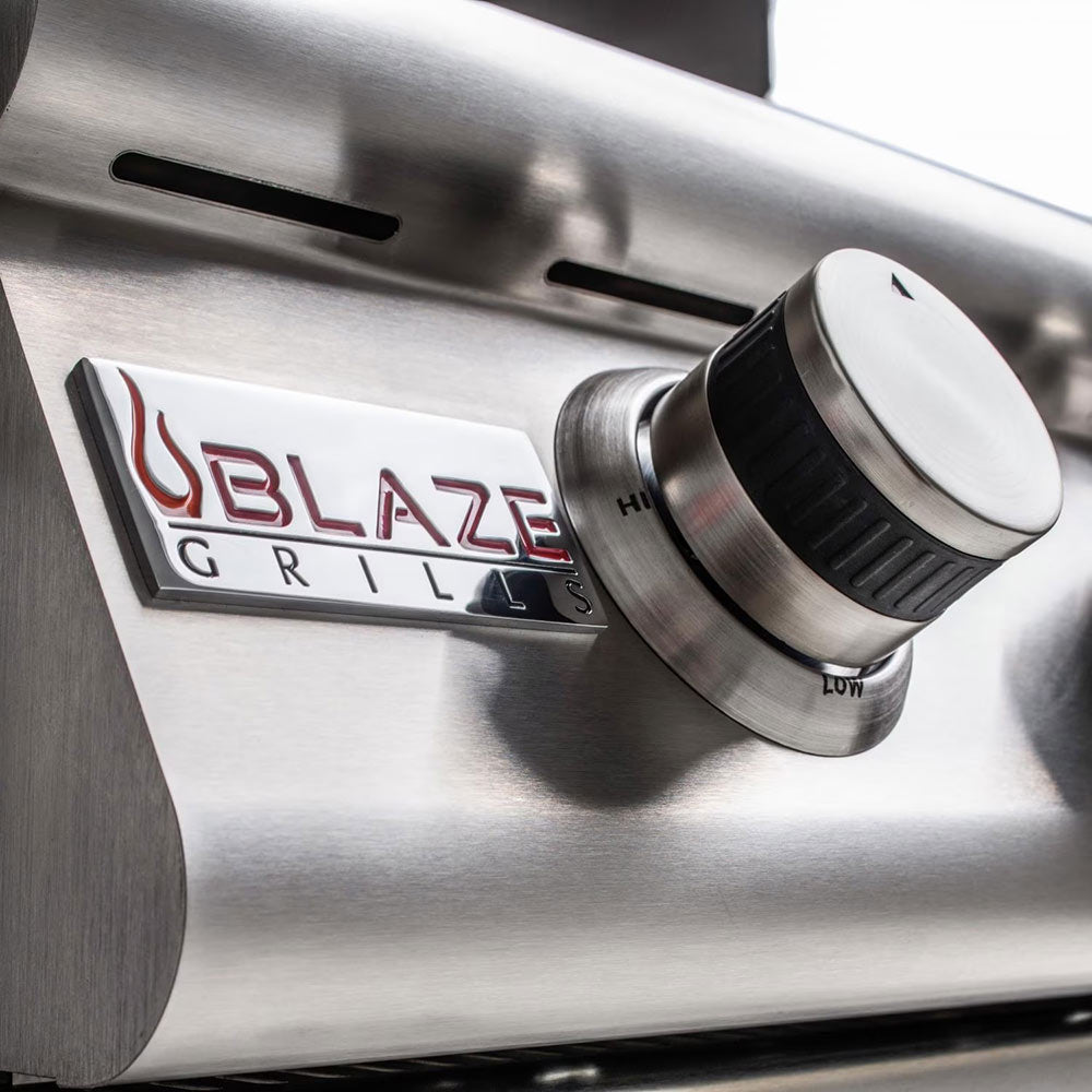 Gas grill control panel with Blaze logo and HI/LOW knob markings