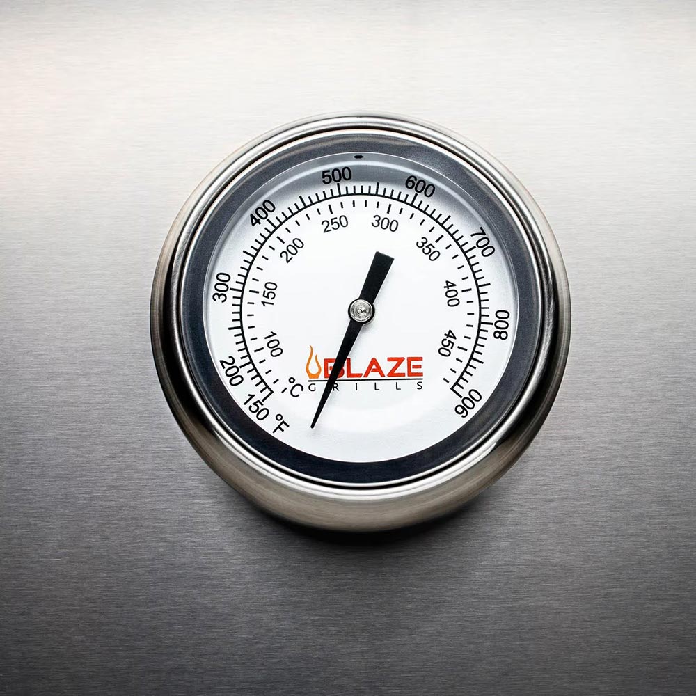 Gas grill temperature gauge with dial and needle on stainless steel lid