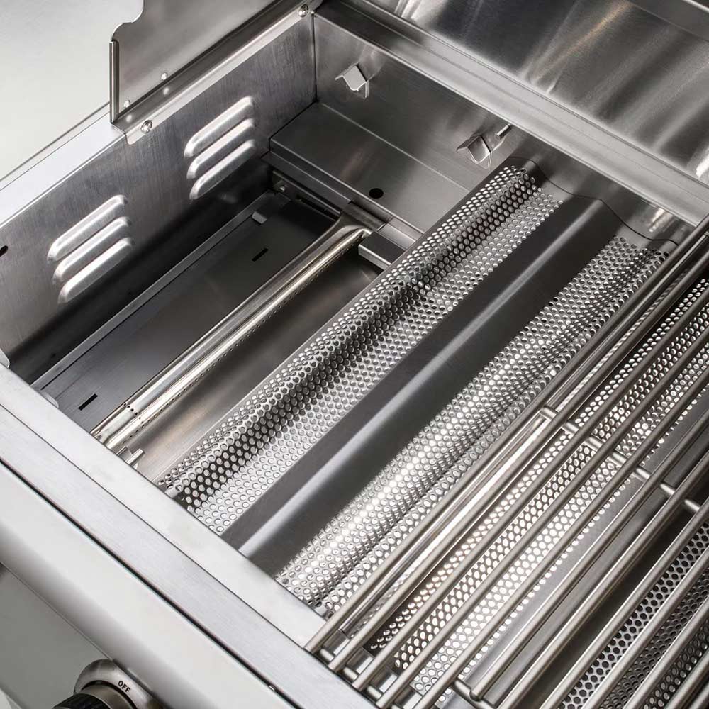 Open gas grill interior with stainless heat shields and burner tubes