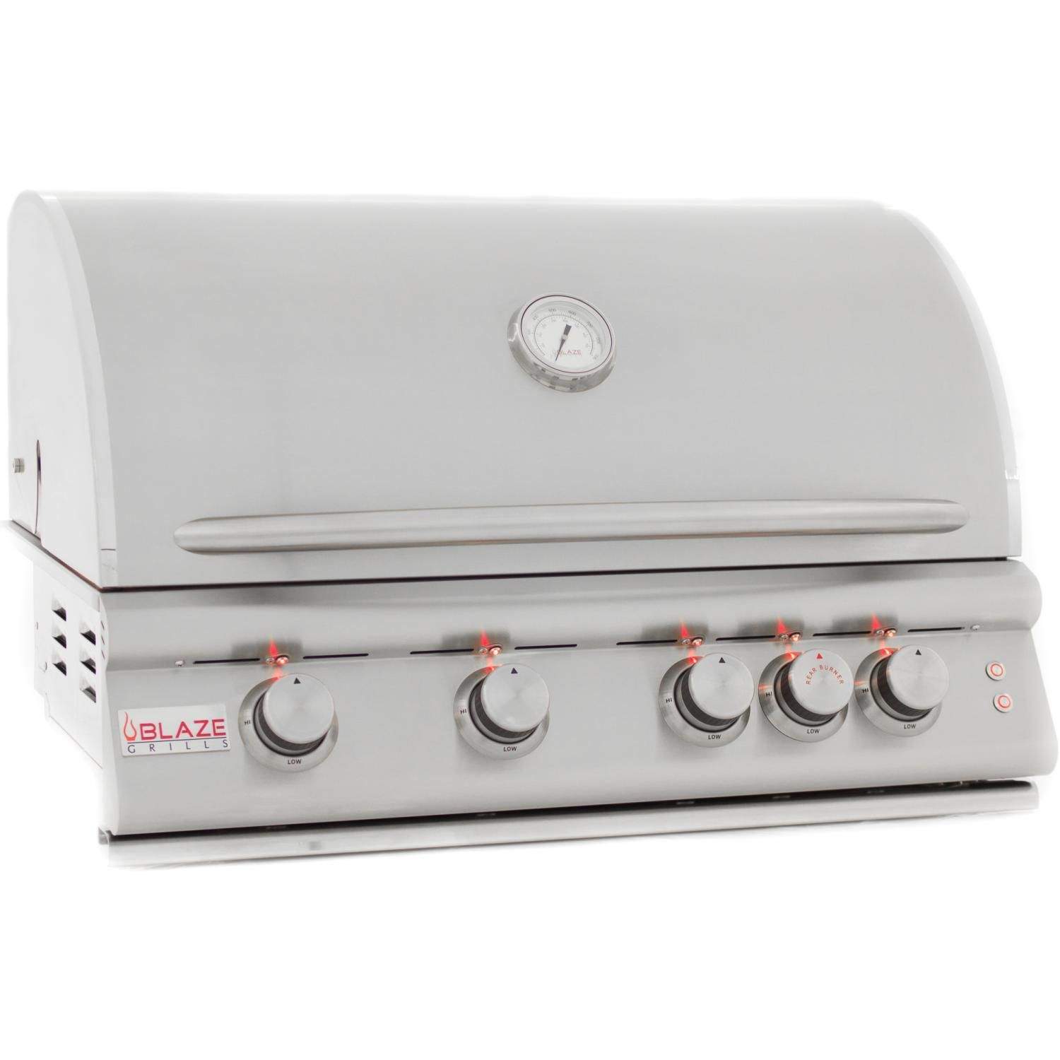 Built-in gas grill with control knobs and lid-mounted temperature gauge