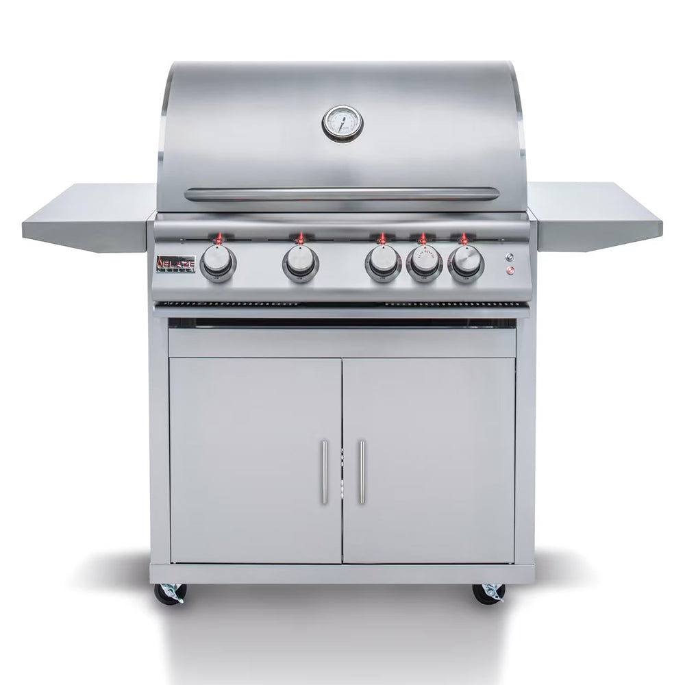 4-burner freestanding gas grill with stainless steel cabinet and two doors, four control knobs