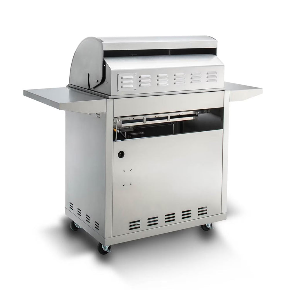 Freestanding gas grill with open lid showing burner area and stainless steel side shelves
