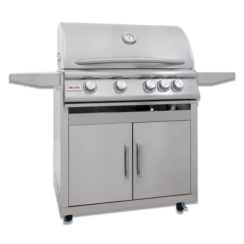 Gas grill on cart with two cabinet doors, side shelves, and control knobs
