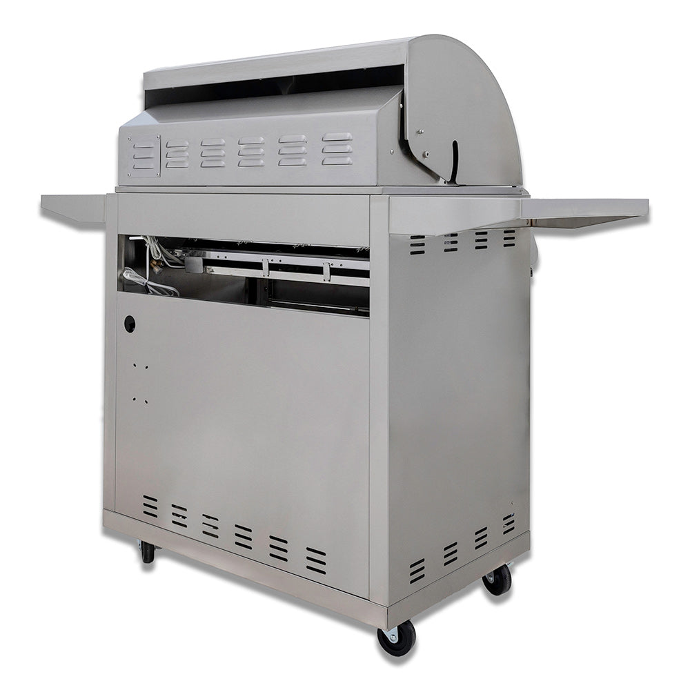 Gas grill on cart with open side panel showing burner and cooking area