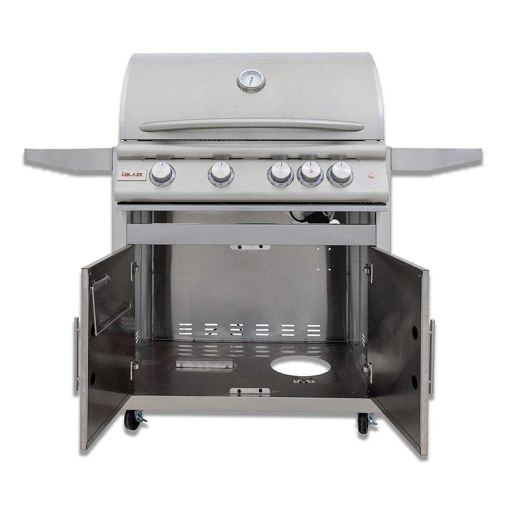 Gas grill with lid open and side panels up, showing grill grates and controls