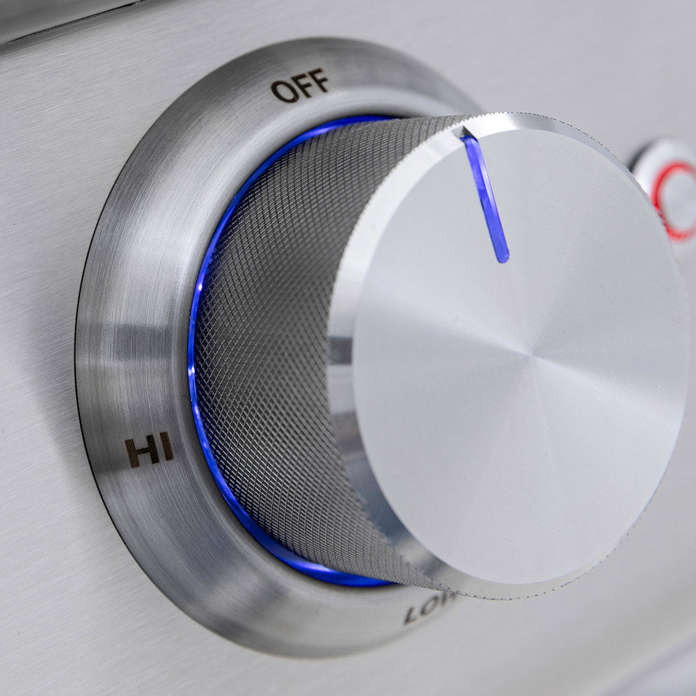 Metal burner control knob with OFF marking and blue LED-style indicator ring