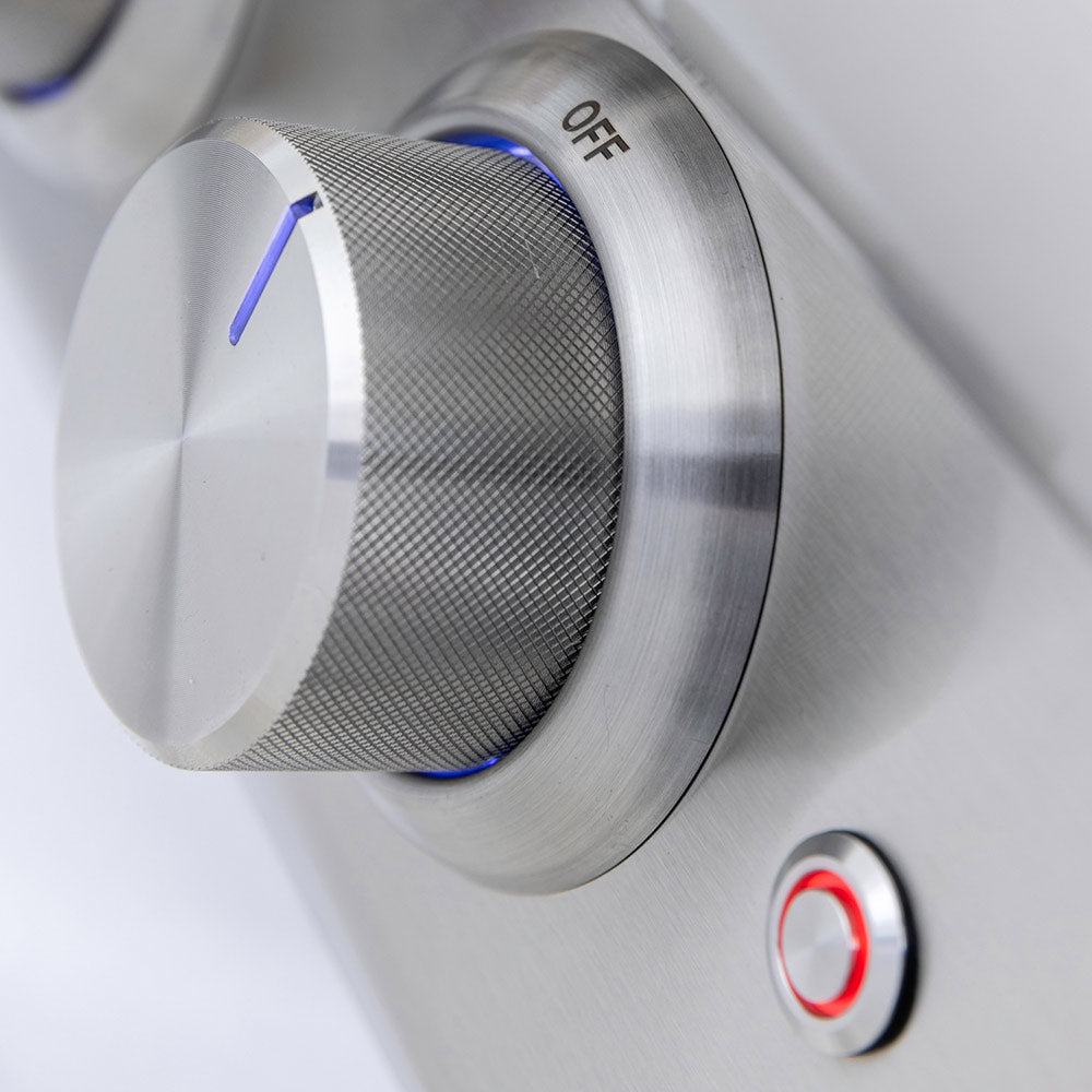 Gas grill control knob with OFF marking and blue indicator on stainless control dial.