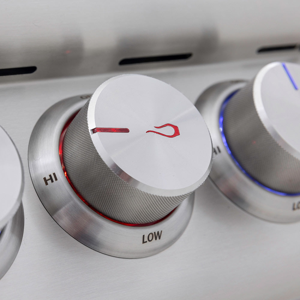 Burner control knob showing LOW and HI markings with red heat indicator line