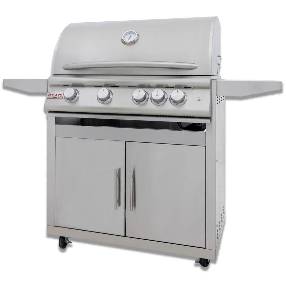 Stainless steel gas grill with lid, control knobs, side shelves, and cabinet doors on cart