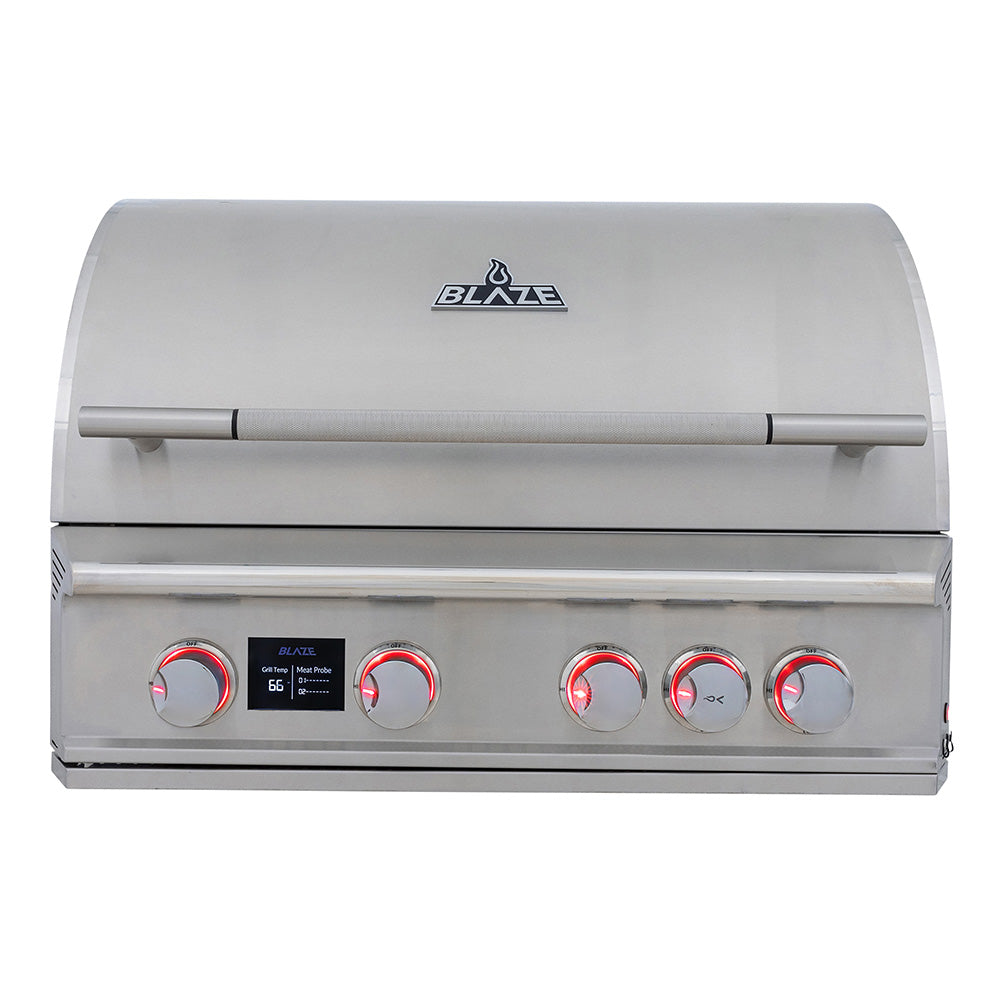 Stainless steel Blaze 32-inch built-in 4-burner gas grill with control knobs and lid